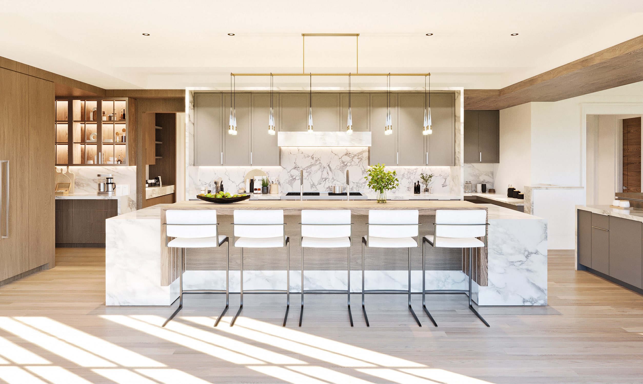 kitchen shot with white stools