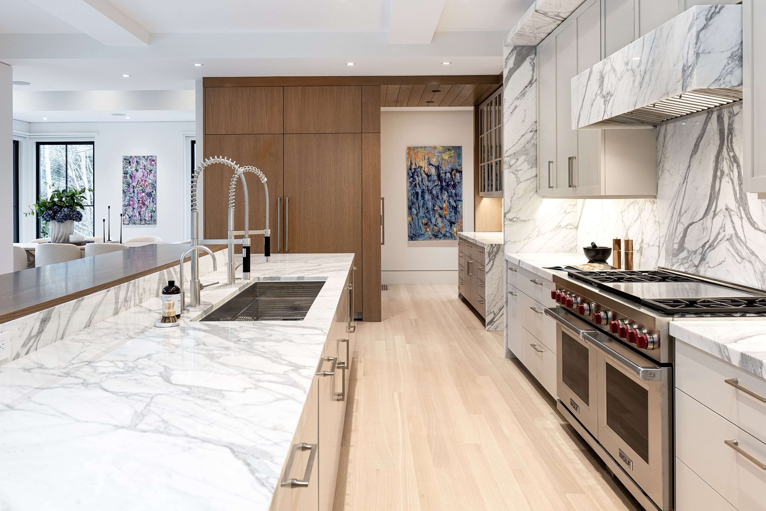 kitchen shot with white stools